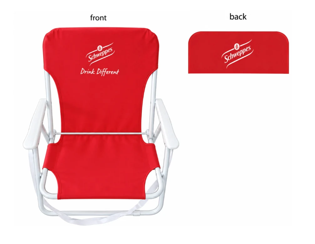 Red Schweppes folding chair with white branding on the front and rear backrest